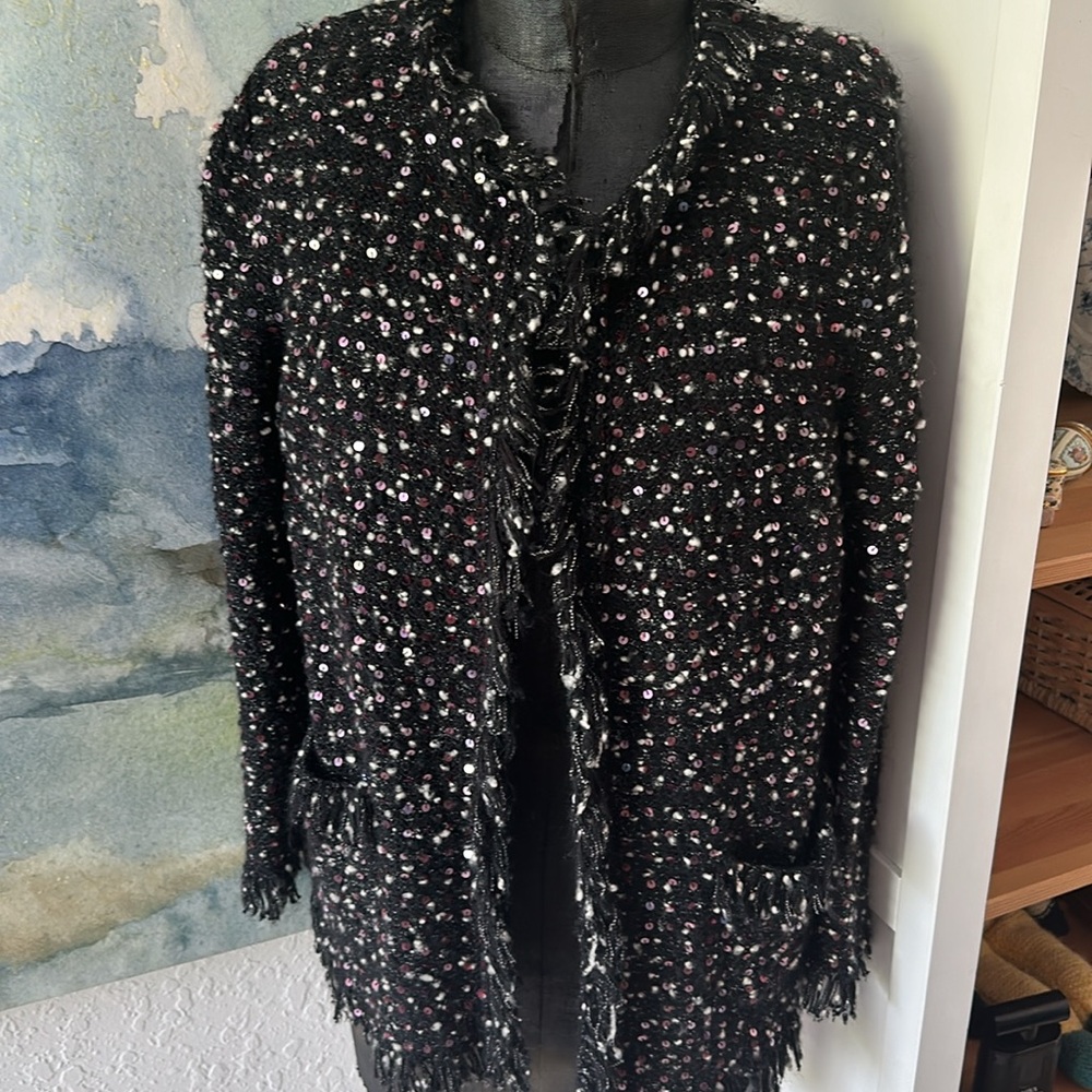 # Ellen Tracy M 45% Cotton 35 % Merino Sequined Sparkly Cardigan/Jacket